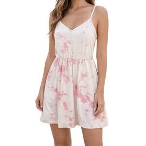 Wild Meadow Tie Dye Splatter Mini Dress Medium NWOT Pink Cream‎ Spaghetti Strap